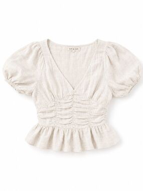 Sim & Sam Linen Milkmaid Top Large Cottagecore Puff Sleeve Peplum